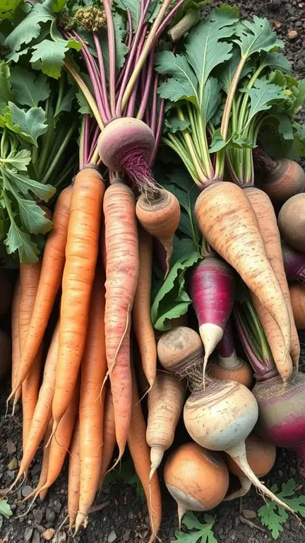 19+ Must-Grow Fall Garden Vegetables for a Bountiful Harvest 8 A variety of root vegetables including carrots and turnips, showcasing their vibrant colors and leafy tops.