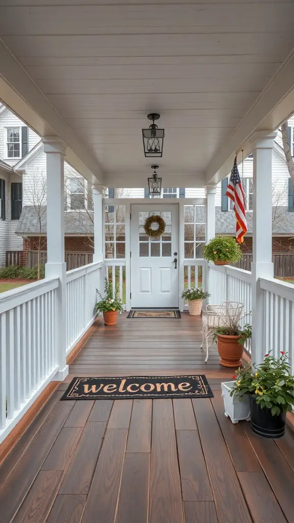 21+ Must-Have Features for Your Covered Deck Oasis 12 Covered deck with a welcome mat, potted plants, and a door with a wreath