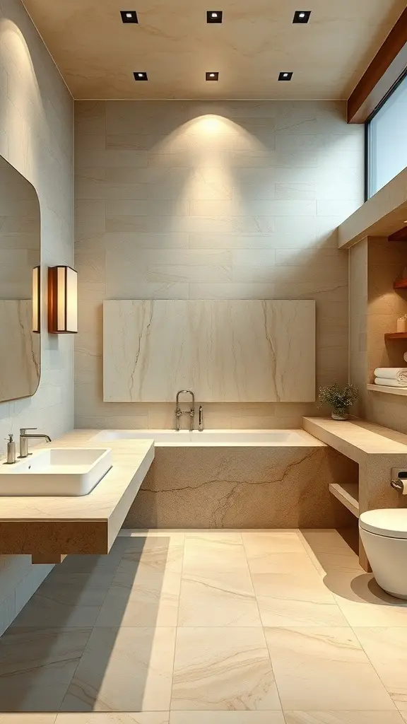 25+ Spa Bathroom Ideas for a Relaxing Retreat at Home 5 A modern bathroom featuring natural stone accents with warm tones and elegant fixtures.
