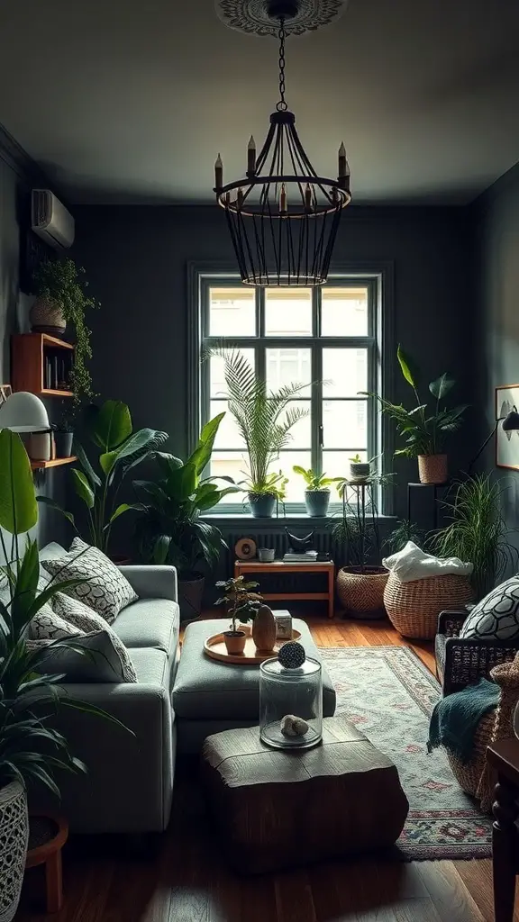 A dark boho living room filled with various plants and natural elements.