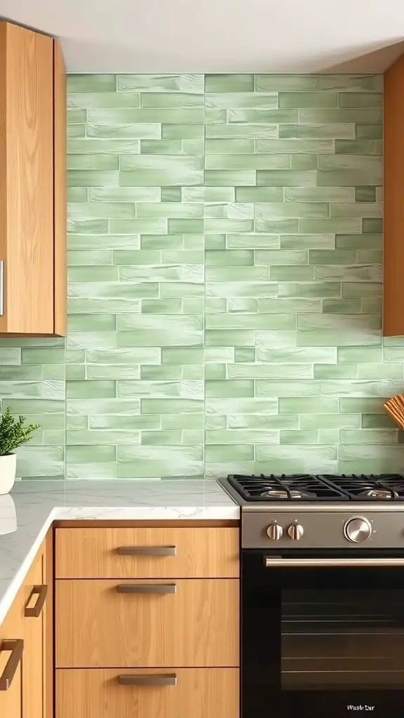 27+ Stunning Sage Green and Wood Kitchen Ideas You’ll Love 4 Textured sage green backsplash in a modern kitchen with wood cabinets