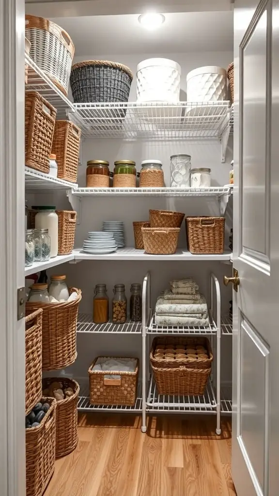 25+ Creative Built-In Pantry Cabinet Wall DIY Ideas 8 A well-organized small pantry with baskets and clear containers on shelves.