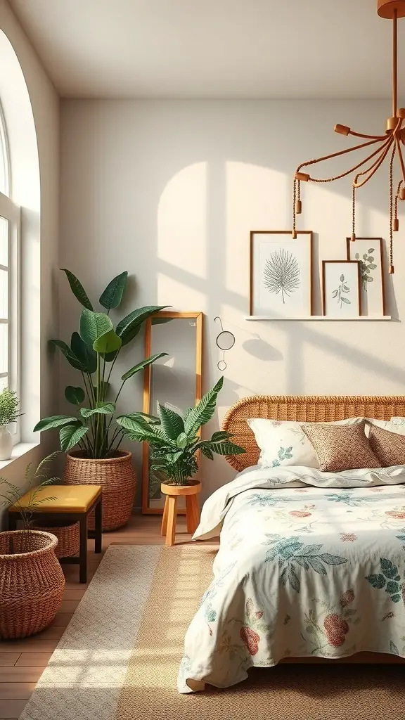 A nature-inspired bedroom featuring a floral quilt, plants, and natural light.