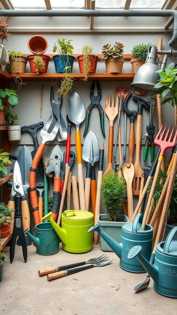 A collection of gardening tools and potted plants in a nursery setting.