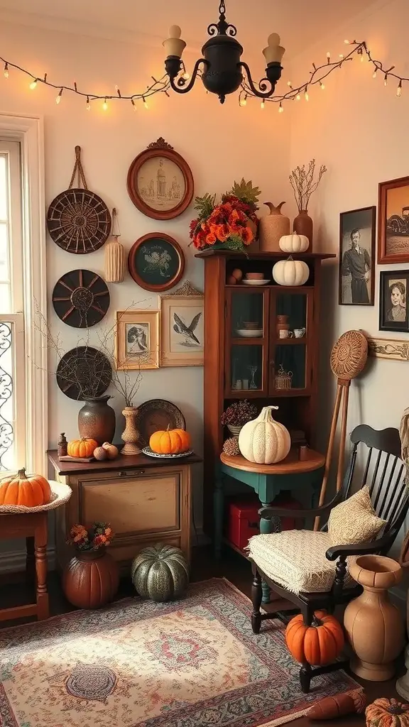 Cozy vintage fall decor with pumpkins, string lights, and rustic furniture.