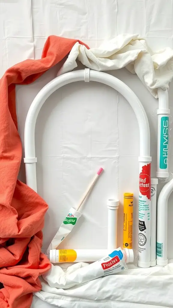 A DIY haunted archway frame made of PVC pipes, with tools and materials scattered around.