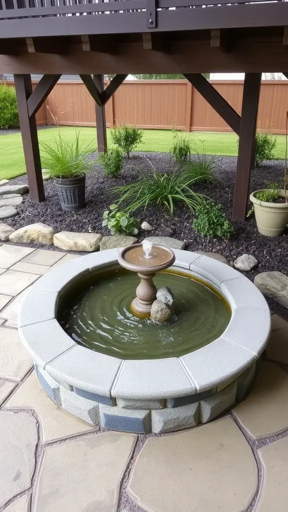 19+ Stunning Decks with Patios Underneath for Your Outdoor Oasis 11 A decorative fountain surrounded by stones, located under a wooden deck with plants nearby.