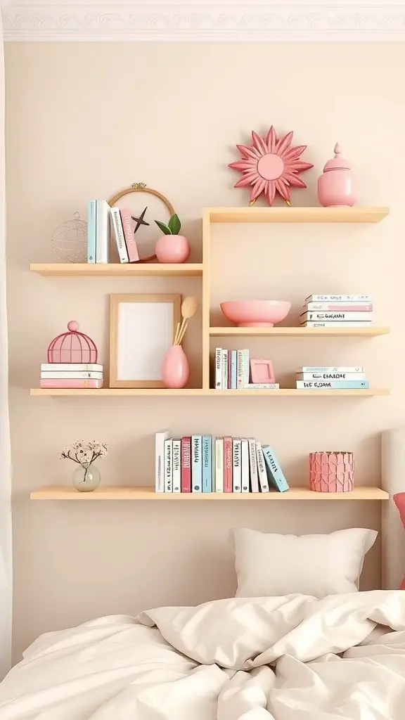 27+ Stunning Beige and Pink Bedroom Ideas for a Cozy Retreat 15 Beige wall shelves decorated with pink items and books in a cozy bedroom