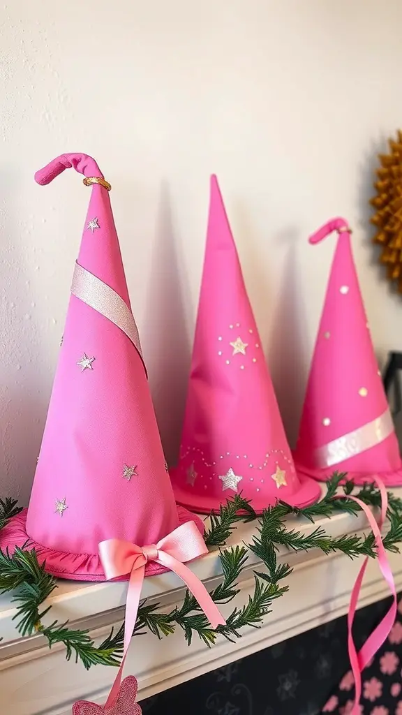 23+ Stunning Pink Halloween Decor Ideas for a Unique Celebration 5 Three pink witch hats decorated with stars and ribbons