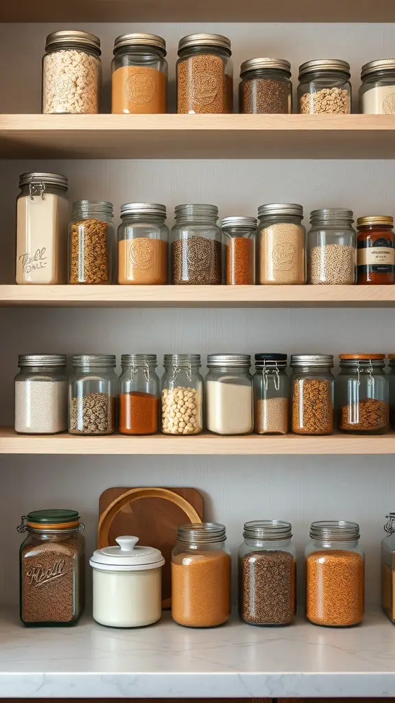 21+ Enchanting Cottagecore Kitchen Ideas to Transform Your Space 9 Open shelving with mason jars filled with various ingredients, creating a cozy kitchen display.