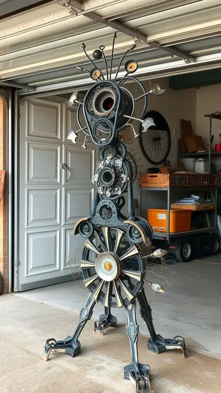 25+ Creative Garage Art Ideas to Transform Your Space 6 A tall, whimsical metal sculpture made from various recycled metal parts, featuring wheels and gears, displayed in a garage.