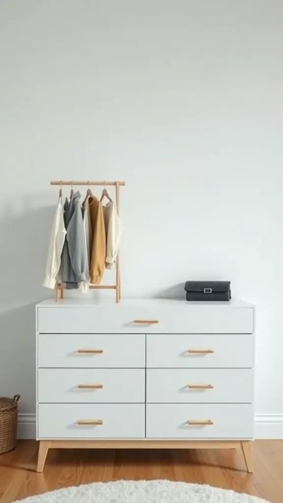 25 Creative Ideas for Dresser Organization with 15 Must-Have Items 16 A modern dresser with hanging clothes and a simple design, showcasing a clean and organized space.