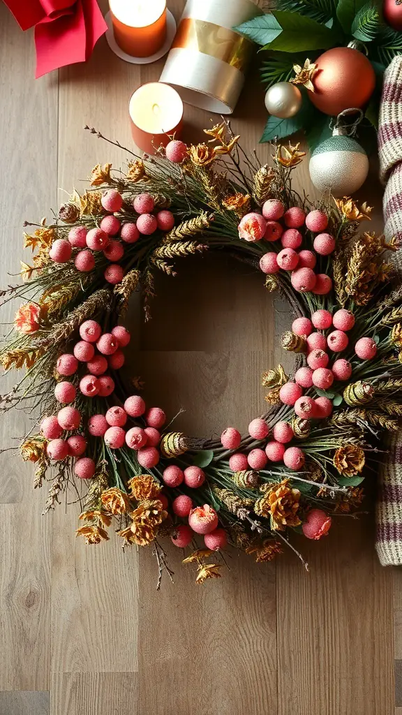 A vibrant pink Christmas wreath with an ombre design, displayed in a modern living room.