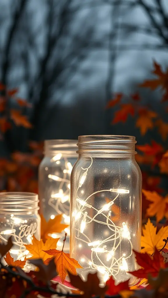 23+ Creative Fall Crafts to Sell This Season 5 Mason jars filled with fairy lights surrounded by autumn leaves