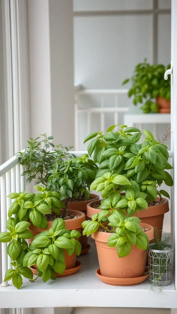 23+ Stylish Apartment Balcony Ideas for Your Outdoor Oasis 10 A balcony with potted herbs including basil and mint, showcasing a small herb garden.