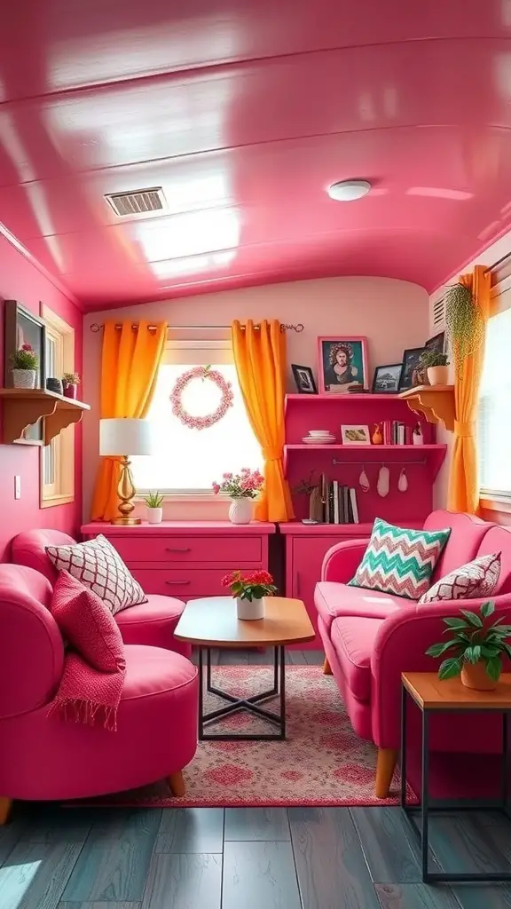 A bright pink living room with orange curtains and colorful furniture.