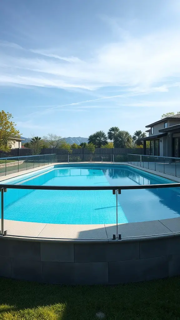 17+Creative Sunken Above Ground Pool Ideas for Your Backyard 15 A sunken above-ground pool surrounded by a sleek glass fence, showcasing a modern outdoor space.