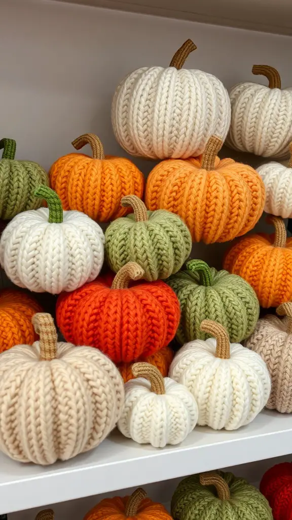 23+ Creative Fall Crafts to Sell This Season 11 A display of knitted and crocheted pumpkins in various colors and sizes.