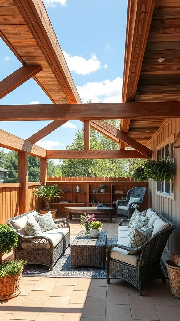 23+ Creative Patio Roof Extension Ideas You’ll Love 7 A cozy patio with wooden beam structures and comfortable seating.