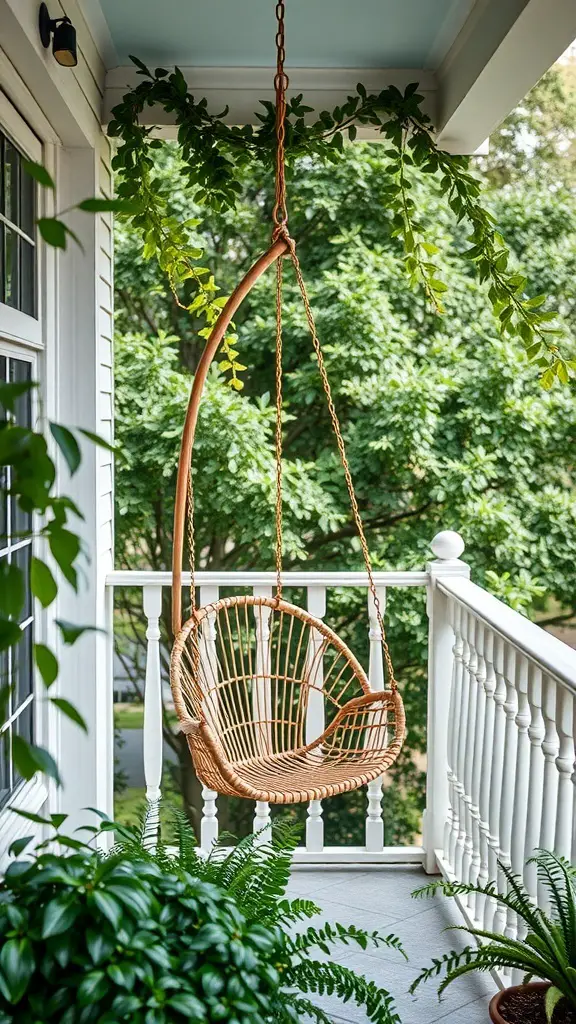 A stylish hanging chair on a balcony surrounded by greenery