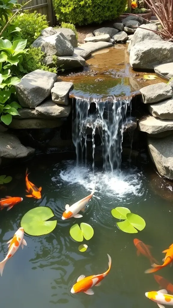 19+ Beautiful Small Garden Waterfalls to Transform Your Outdoor Space 14 A serene koi pond with a waterfall, featuring colorful koi fish and lush greenery.