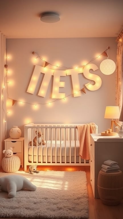 31+ Creative Small Nursery Ideas for Space-Saving Solutions 15 A cozy nursery with bright lights, a crib, and playful decor.