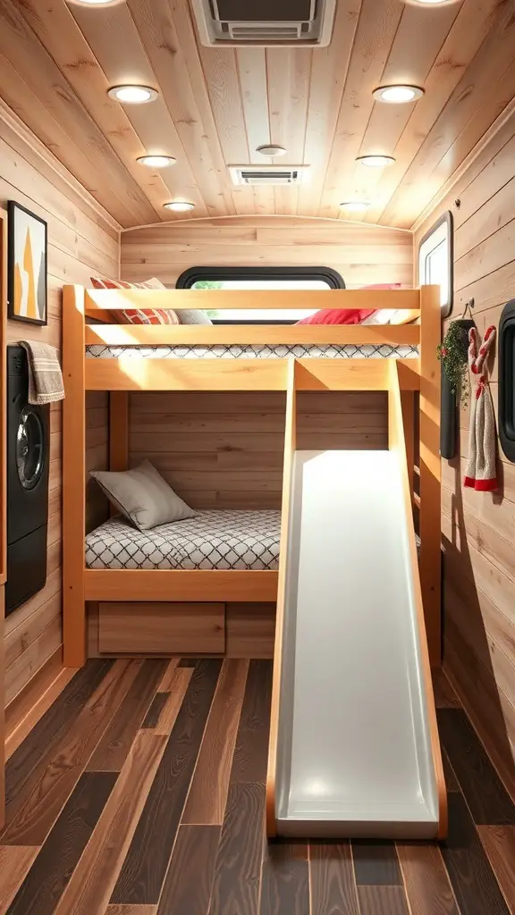 23 Creative Camper Bunk Bed Ideas for Your Next Adventure 12 Cozy wooden bunk bed with a slide feature in a camper interior.