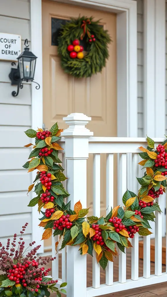 Colorful fall garland with red berries and yellow leaves on a white railing, with a matching wreath on the door.