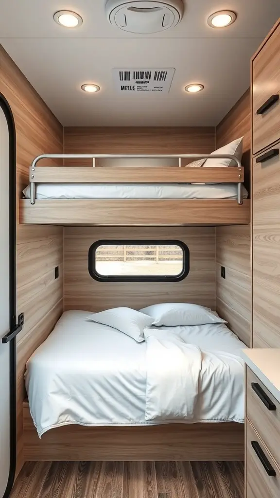 23 Creative Camper Bunk Bed Ideas for Your Next Adventure 4 Modern minimalist bunk bed in a camper with wooden finish and cozy bedding.
