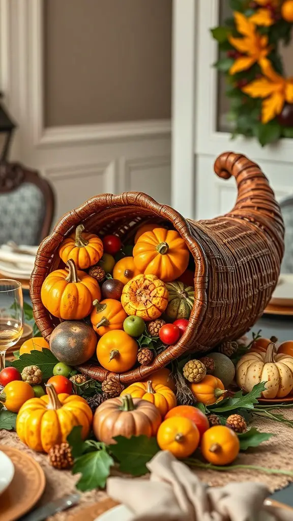 15 Stunning Fall Thanksgiving Decor Ideas You'll Love 9 A cornucopia filled with colorful gourds and pumpkins, creating a festive fall display.