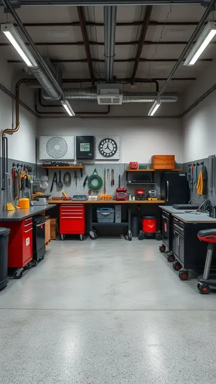 21+ Innovative Garage Layout Ideas You'll Love 5 A well-organized garage workspace with tools, storage bins, and a central workbench.