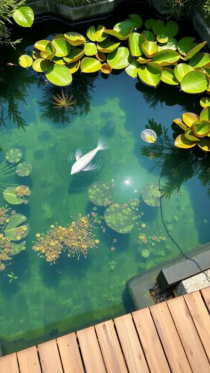 19+ Amazing Homemade Swimming Pools You'll Want to Dive Into 6 A natural swimming pond with lily pads and a fish swimming in clear water.