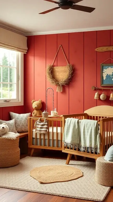 A cozy nursery with rustic red walls, wooden crib, and soft decor elements.