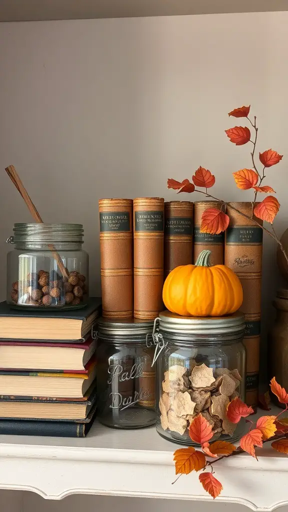 21+ Cozy Fall Decor Ideas from Hobby Lobby 11 A vintage-inspired fall decor setup featuring stacked books, glass jars with natural elements, and a small pumpkin.