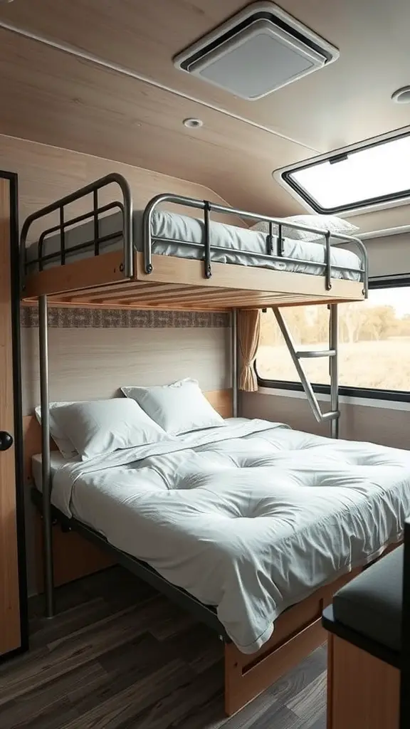 23 Creative Camper Bunk Bed Ideas for Your Next Adventure 11 Foldable bunk beds in a camper with a spacious bottom bed and a top bunk.