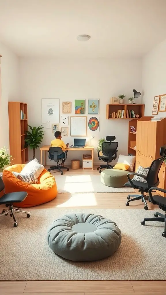 23+ Cozy Homeschool Room Ideas for a Perfect Learning Space 14 A cozy homeschool room featuring various flexible seating options like bean bags and chairs.