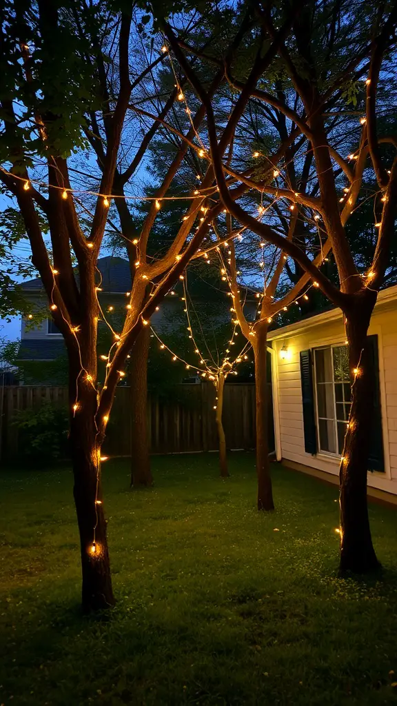 23+ Enchanting Cottage Core Backyard Ideas to Transform Your Outdoor Space 8 A backyard with trees wrapped in warm fairy lights at dusk.