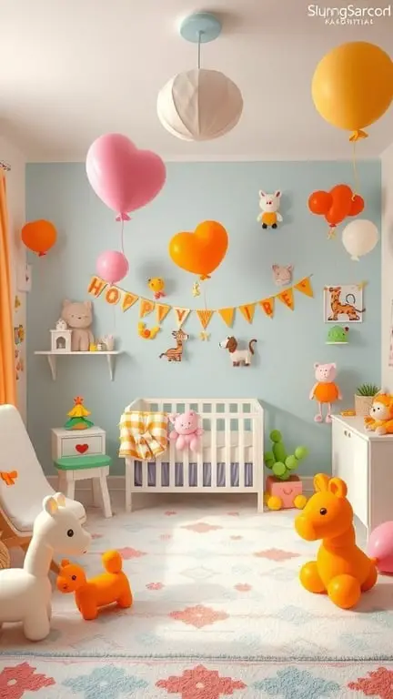 27+ Whimsical Baby Nursery Ideas for a Dreamy Space 12 A colorful nursery featuring balloon animals, plush toys, and a cozy crib.