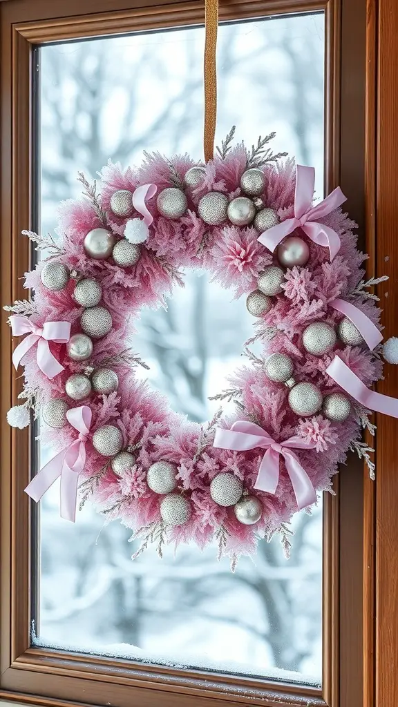 A frosted pink and silver Christmas wreath hanging in a window