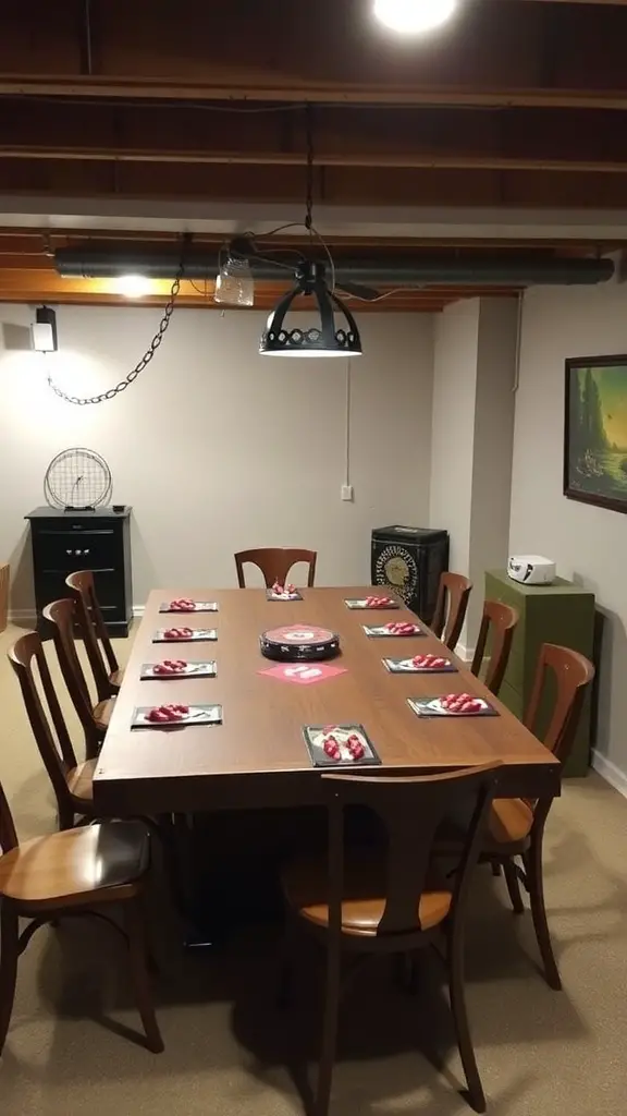 19+ Cozy Unfinished Basement Ideas to Transform Your Space 14 Cozy unfinished basement with a large game table, two men playing a game, and snacks on the table.
