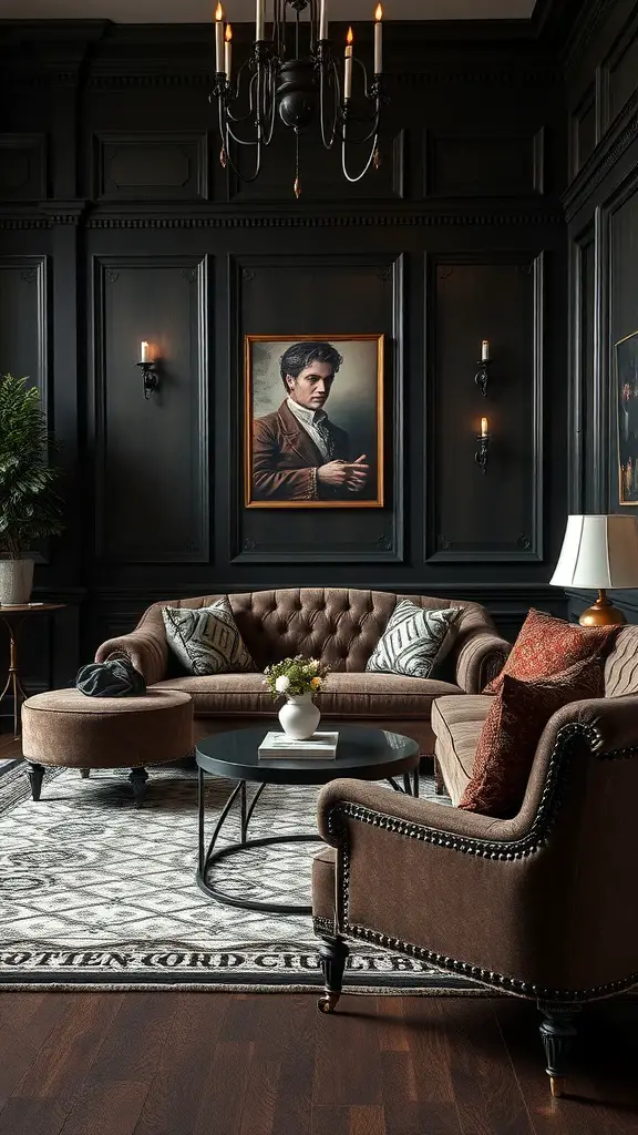 31+ Magical Decor Ideas for a Witchy Living Room 9 A gothic-inspired living room featuring dark walls, a tufted sofa, and elegant lighting.