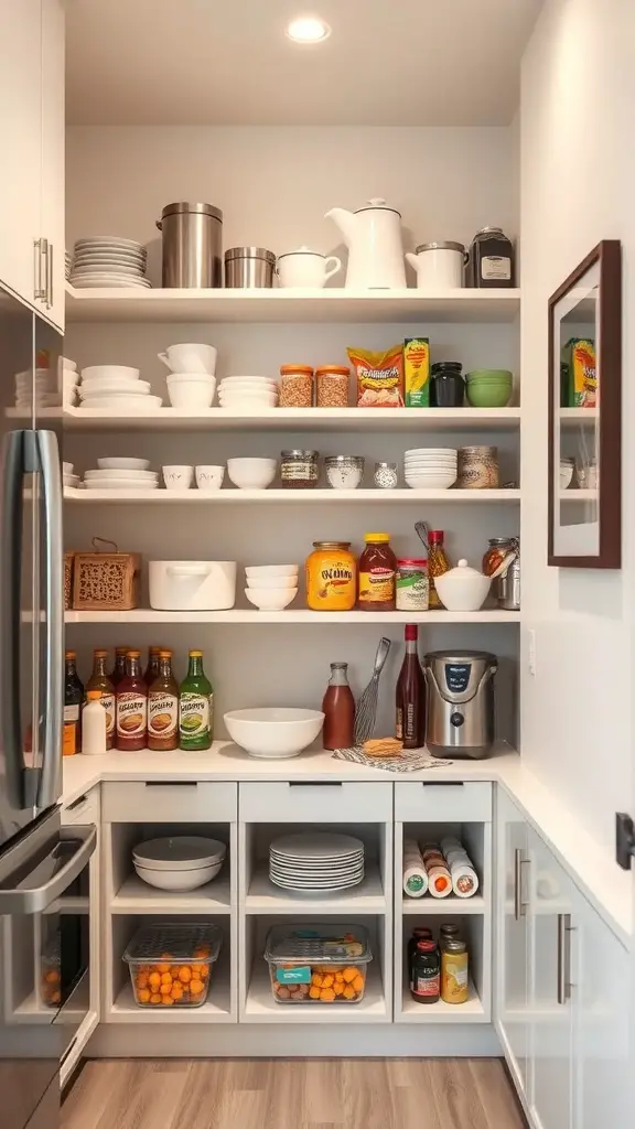 25+ Creative Corner Kitchen Pantry Ideas You’ll Love 6 A modern corner kitchen pantry with open shelving displaying dishes, jars, and bottles.