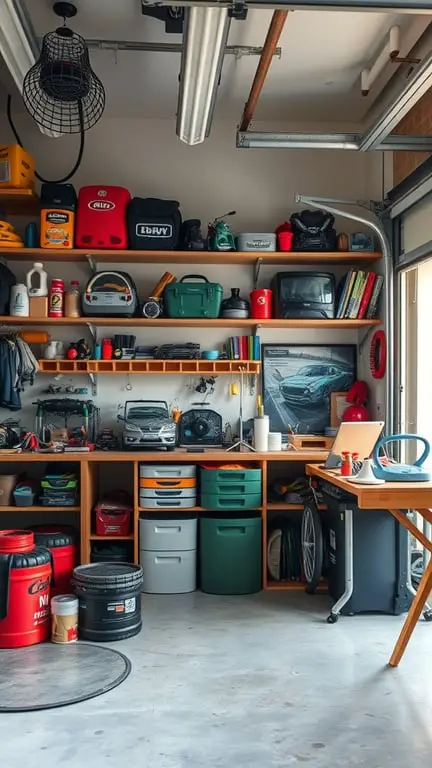 19+ Ultimate Garage Man Cave Ideas You Need to See 14 A well-organized garage with shelves full of tools and hobby supplies, showcasing a personal hobby corner.