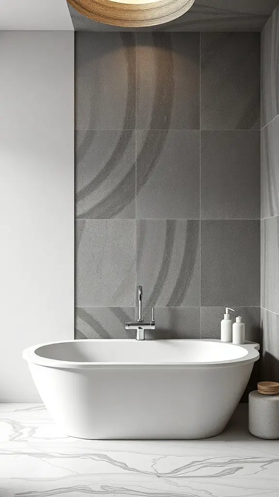 25+ Spa Bathroom Ideas for a Relaxing Retreat at Home 16 A modern spa bathroom featuring textured gray wall tiles and a freestanding white bathtub.