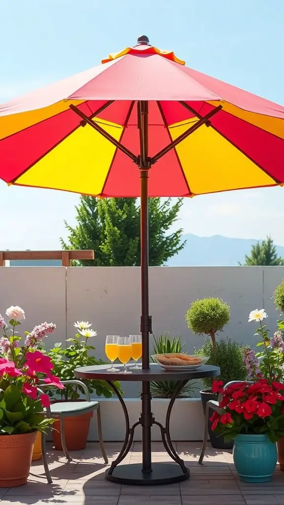 A colorful red and yellow patio umbrella over a table with drinks and surrounded by flowers.