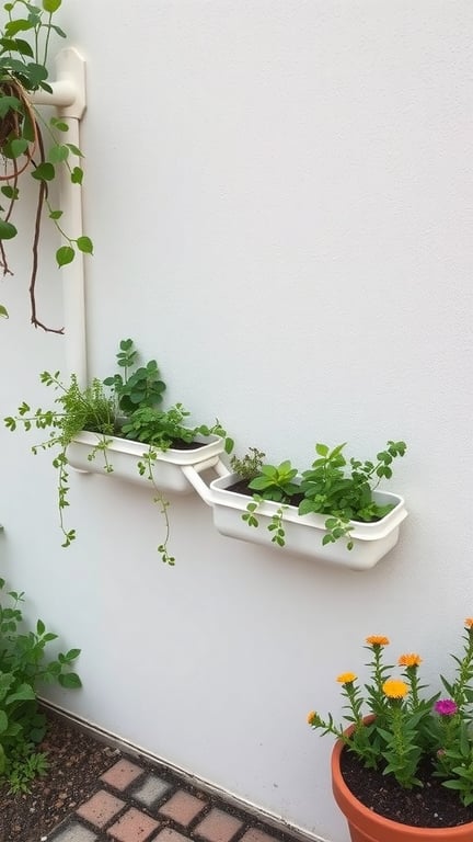 17+ Creative Mini Garden Ideas for Small Spaces 12 Vertical garden made from white gutters mounted on a wall, filled with green plants.