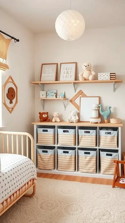 25+ Adorable Newborn Room Ideas to Inspire Your Nursery Design 10 A cozy newborn room featuring a crib, shelves with toys and decor, and striped storage bins.