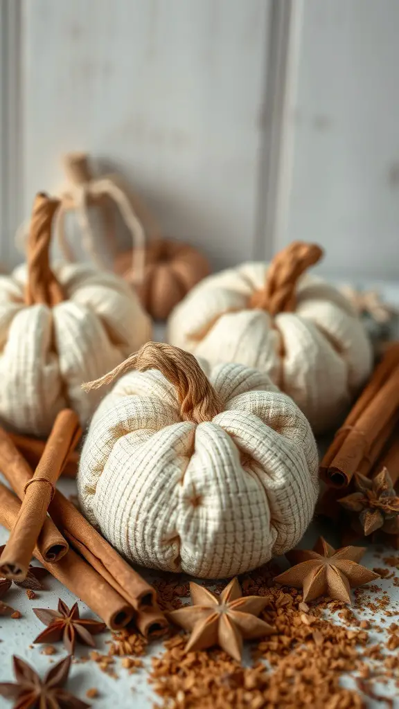 37+ Charming Fall Sewing Projects to Cozy Up Your Home 11 Sewn pumpkin spice scented sachets surrounded by cinnamon sticks and star anise.