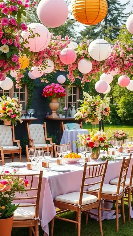 19+ Creative Baby Shower Themes to Celebrate February Babies 8 A beautifully decorated outdoor table for a Sweetheart Garden Party, featuring flowers, lanterns, and elegant tableware.