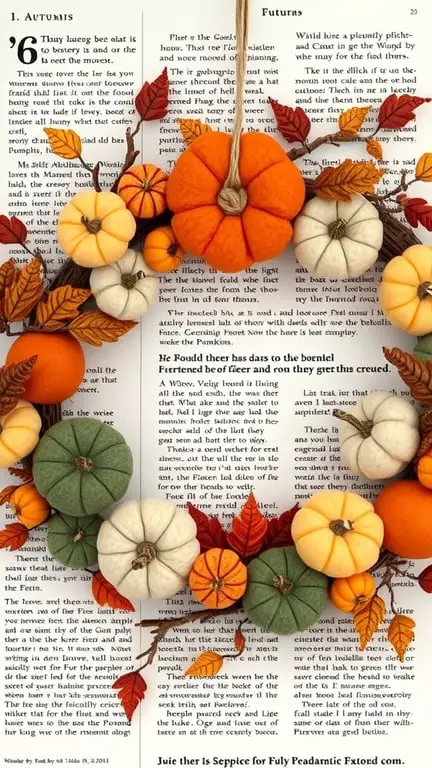 23+ Stunning Fall Wreath Ideas to Welcome the Season 16 A colorful felted pumpkin wreath with various pumpkins and autumn leaves on a book page.